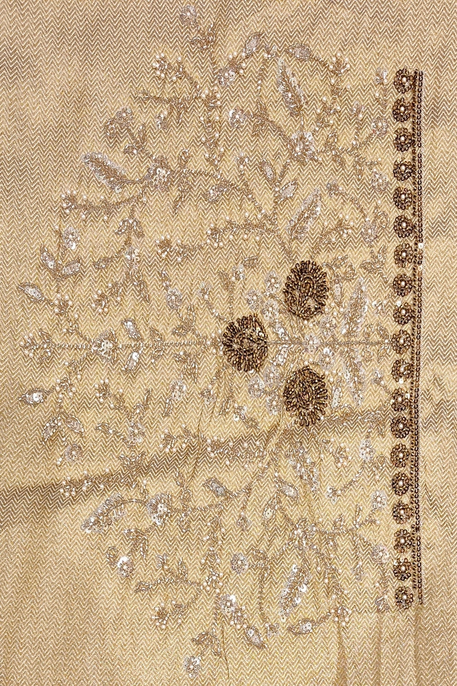Beige Tissue Kanjeevaram Silk Sarees With Embroidery Work, With Unstiched Blouse