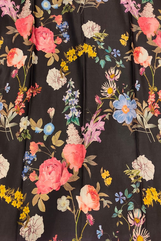 Black & Multi Floral Printed Satin Crepe Saree, With Unstiched Blouse