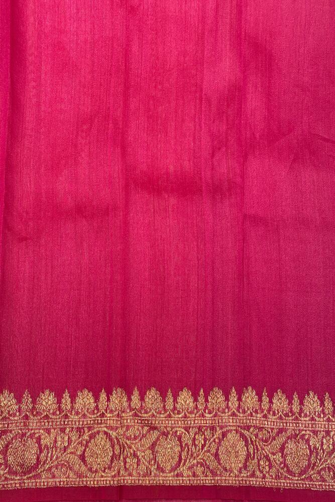 Dark violet Tussar Banarasi silk saree with hand-woven motifs and unstiched blouse, traditional wear by Saarang Sarees.