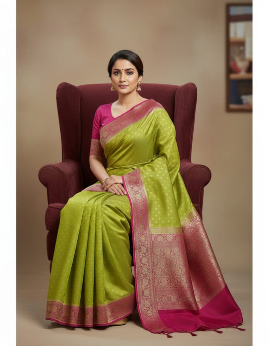 Lime green Munga Banarasi silk saree with intricate gold zari work and matching unstiched blouse, traditional wear by Saarang Sarees.