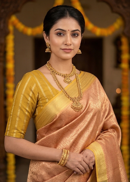 Peach brocade Chanderi silk saree with traditional design and matching unstiched blouse from Saarang Sarees.