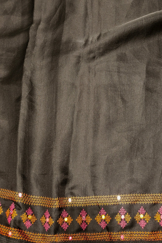 Black Semi Munga Silk Cross Stitch Work Saree, With Unstiched Blouse