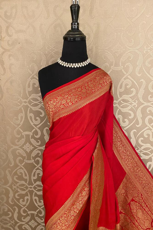 Cherry red Mysore crepe silk Banarasi saree with intricate gold zari work and matching unstiched blouse, traditional Indian wear.