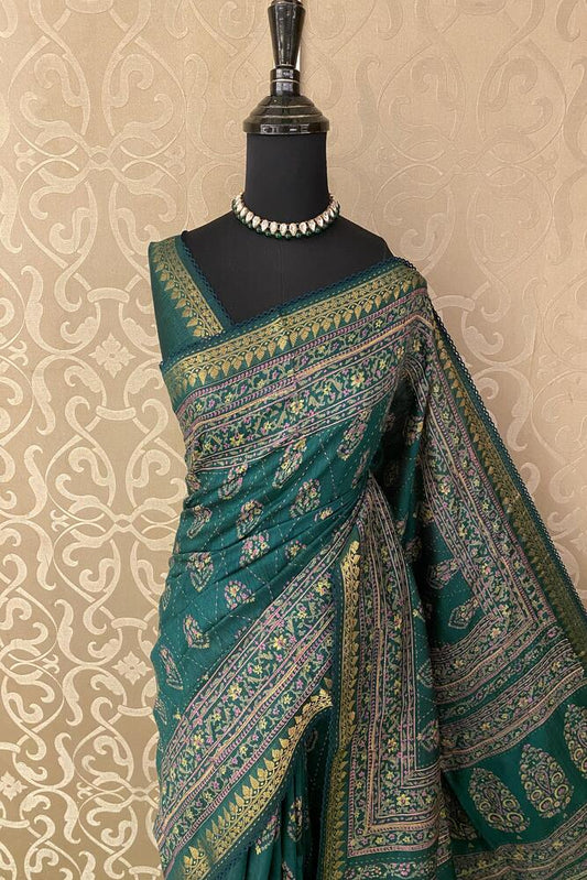 Forest green Munga silk saree with Kantha work and unstitch blouse, traditional wear by Saarang Sarees, detailed printed design.