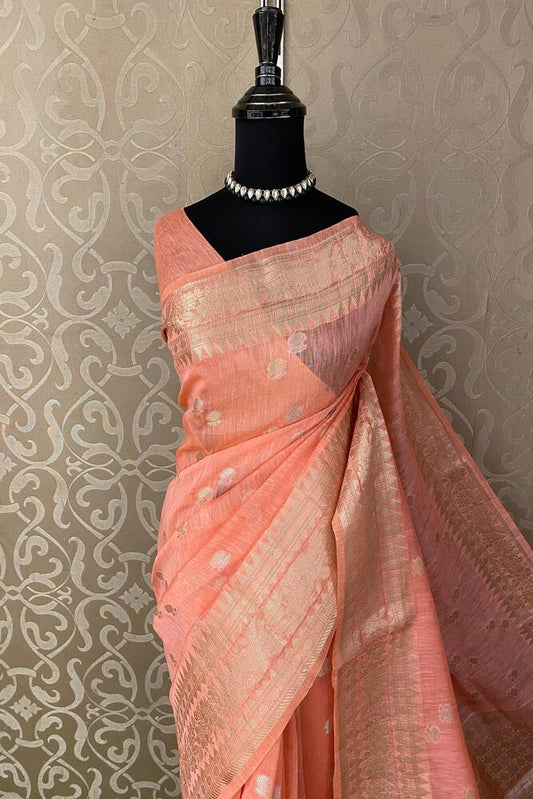 Peach Linen Banarasi Saree With Unstiched Blouse