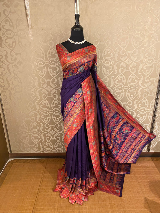 Purple Pure Kani Handloom Silk Saree With Unstiched Jamewar Woven Blouse