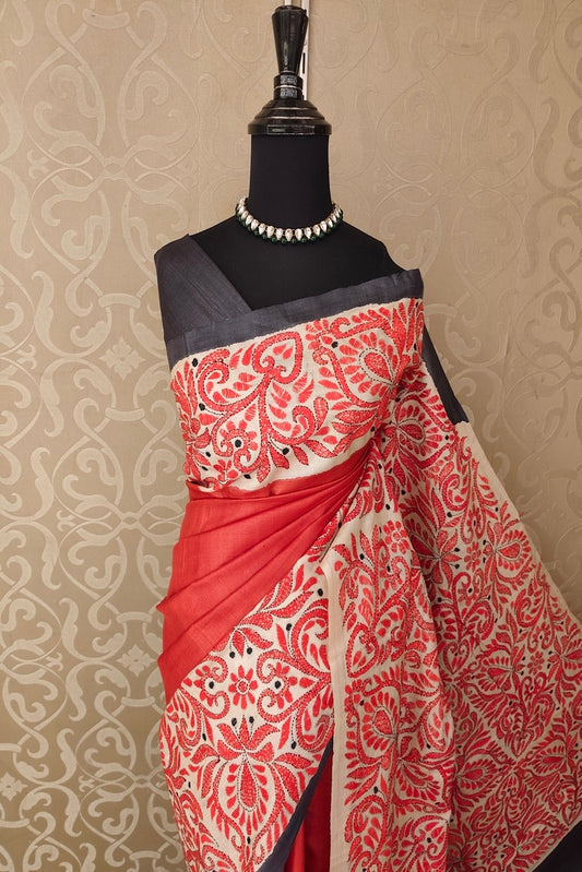 Red Tussar Embroidery Saree With Kantha Work Border, With Unstitched Blouse