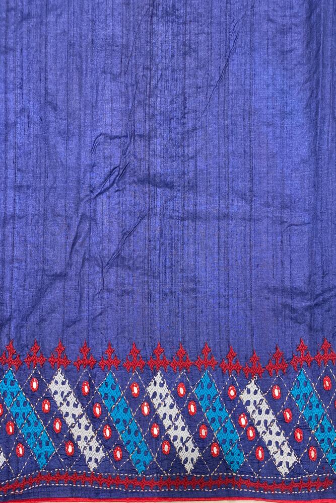 Deep blue Tussar Lambani and Kutch work saree with unstitched blouse, traditional wear by Saarang Sarees, detailed embroidery and fabric.