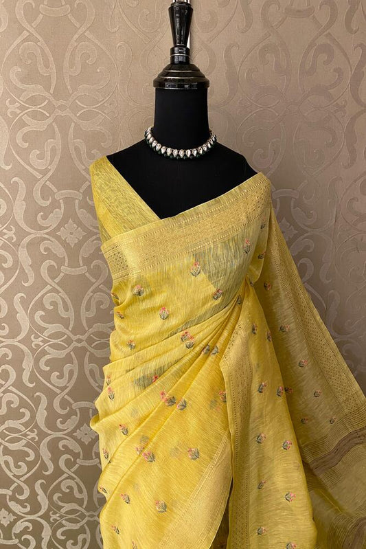 Yellow pure linen Kashmiri work saree with intricate embroidery and matching unstiched blouse for traditional wear.