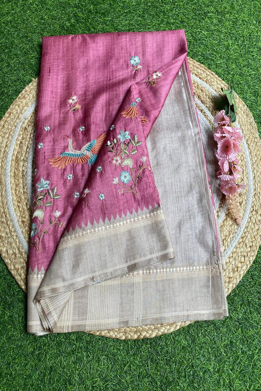 Onion Pink Tussar Cotton Resham Work Saree, With Unstiched Blouse