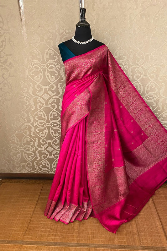Rani Pure Raw Tussar Banarasi Silk Saree, Hand Woven Motifs With Unstiched Blouse