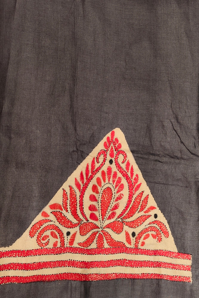 Red Tussar Embroidery Saree With Kantha Work Border, With Unstitched Blouse