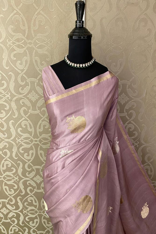 Purple Mashru Silk Banarasi Handloom Saree, With Unstiched Blouse