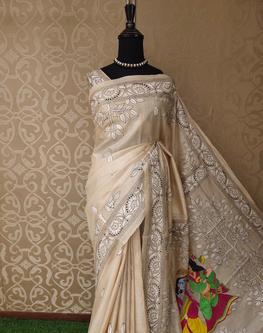 Beige Tussar Embroidery Saree With Kantha Work Border, With Unstitched Blouse