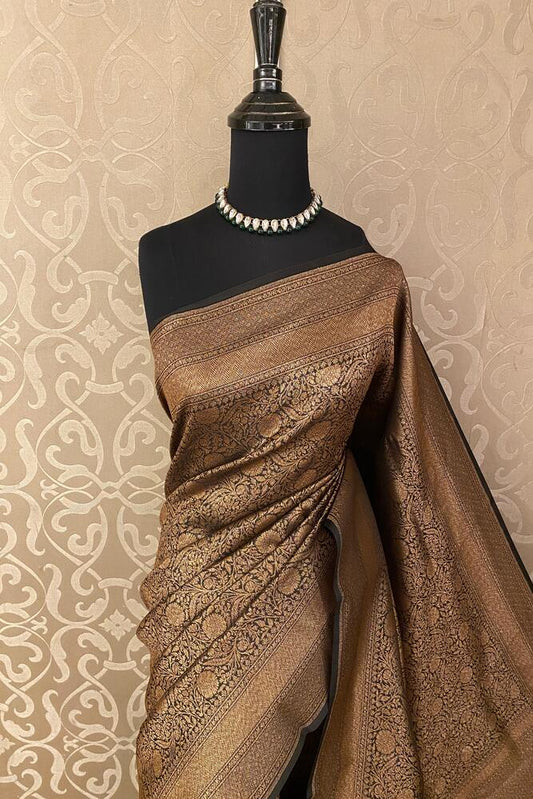 Black Brocade Kora Banarasi Silk Saree, With Unstiched Blouse