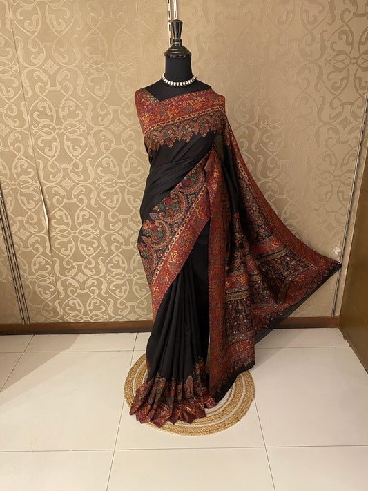 Black Pure Kani Handloom Silk Saree With Unstiched Jamewar Woven Blouse