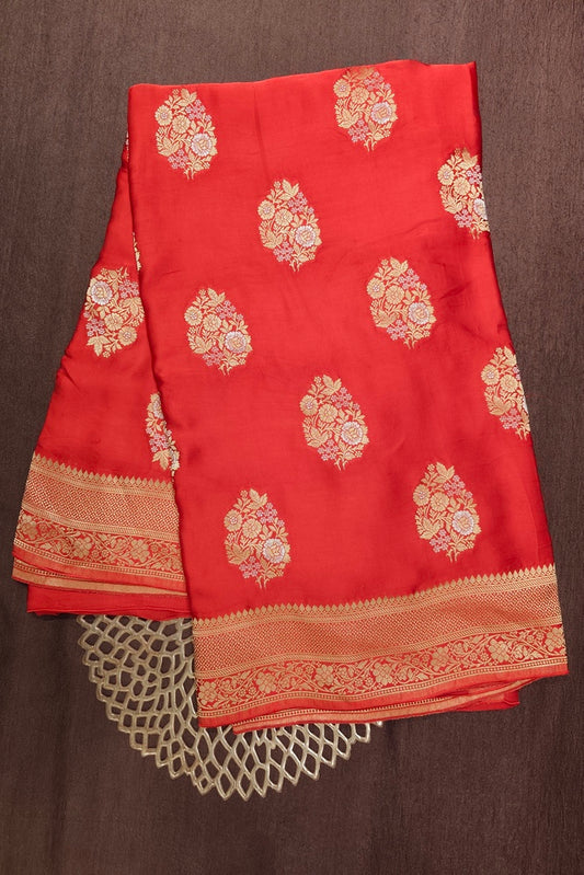 Red Semi Mashru Silk Sarees With Unstiched Blouse