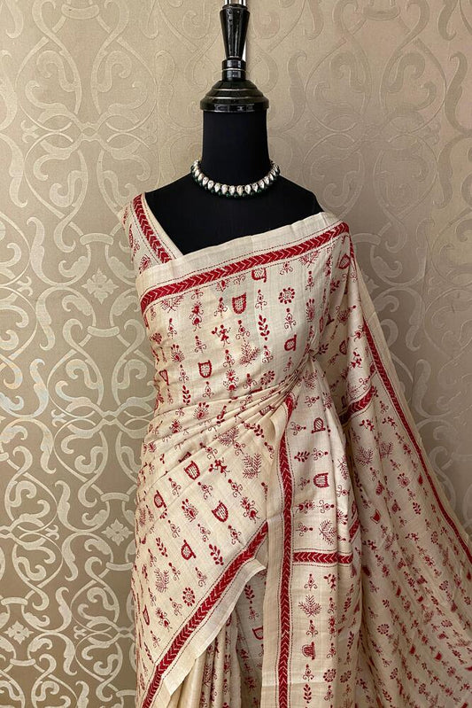 Off-White Tussar Embroidery Saree With Kantha Work Border, With Unstitched Blouse