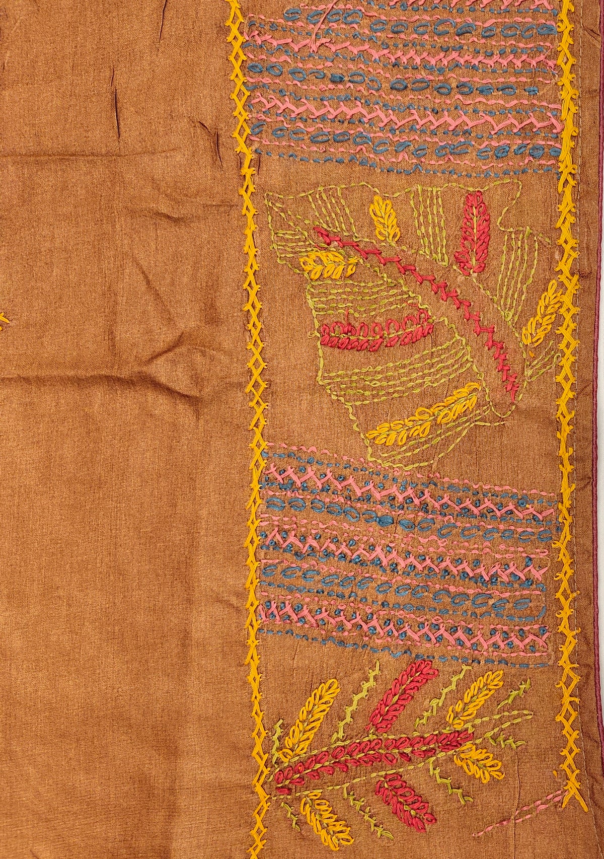 Copper Tussar Hand Embroidery Saree, With Unstitched Blouse