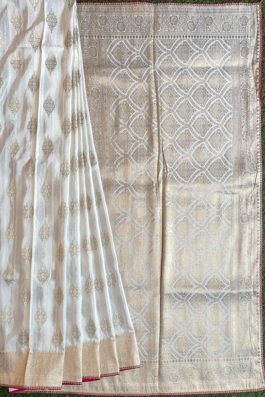 Off-White Gold Munga Khaddi Saree with unstiched blouse, traditional Indian wear by Saarang Sarees, featuring intricate gold embroidery.