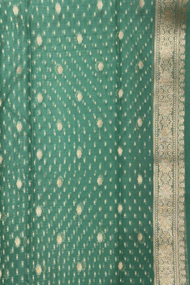 Green Kora Banarasi silk saree with handwoven work and unstiched blouse, traditional wear from Saarang Sarees.