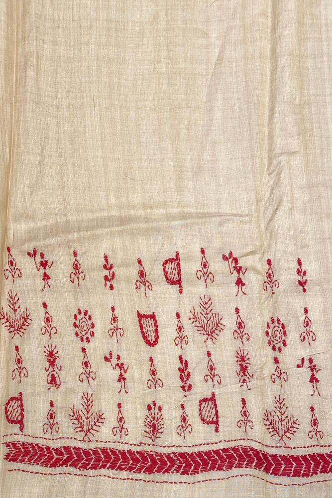 Off-White Tussar Embroidery Saree With Kantha Work Border, With Unstitched Blouse
