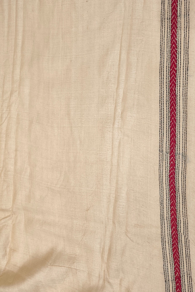 Off-White Tussar Embroidery Saree With Kantha Work Border, With Unstitched Blouse