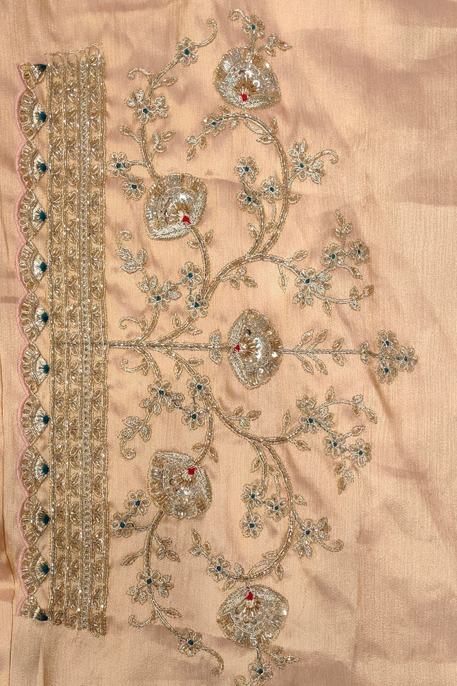 Peach Tissue Kanjeevaram Silk Sarees With Embroidery Work, With Unstiched Blouse