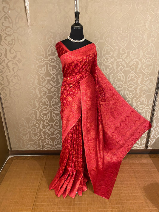 Red Pure Kani Handloom Silk Saree With Unstiched Jamewar Woven Blouse