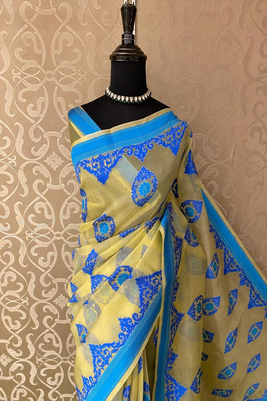Yellow Muslin Jamdani Saree, With Unstiched Blouse