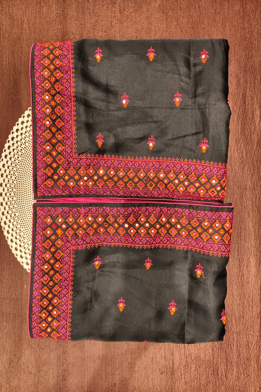 Black Semi Munga Silk Cross Stitch Work Saree, With Unstiched Blouse