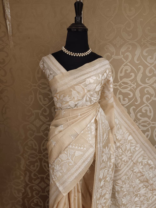Beige Tussar Embroidery Saree With Kantha Work Border, With Unstitched Blouse