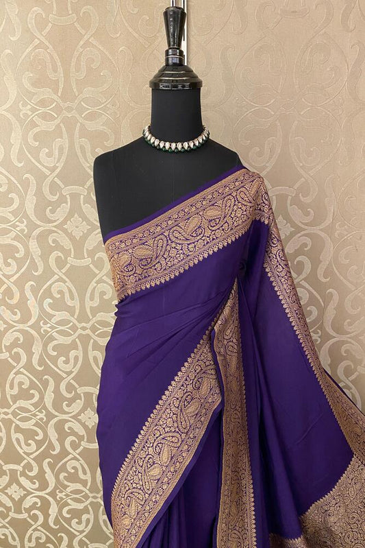 Deep purple Mysore crepe silk Banarasi saree from Saarang Sarees with intricate gold zari work and unstiched matching blouse.