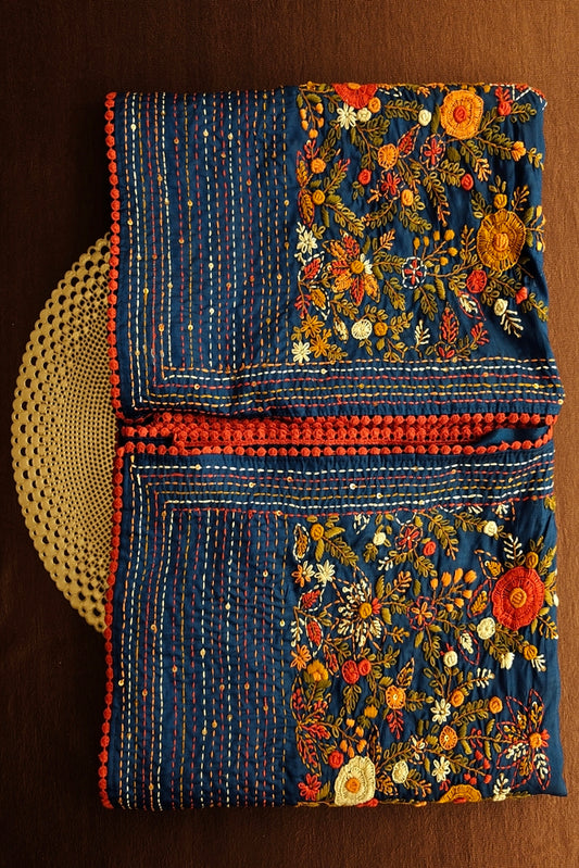 Deep Blue Semi Munga Silk French Knot Hand Embroidery Work Saree, With Unstiched Blouse