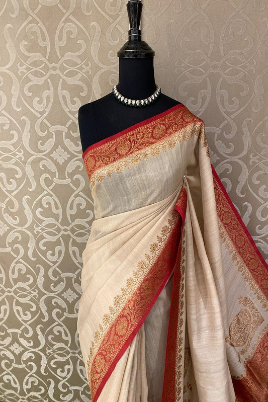 Offwhite Tussar Banarasi Silk Saree, Hand Woven Motifs With Unstiched Blouse