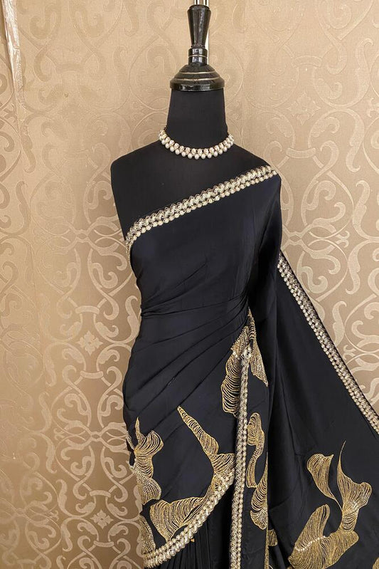 Black Crepe Organza Silk Saree, With Readymade Blouse Piece
