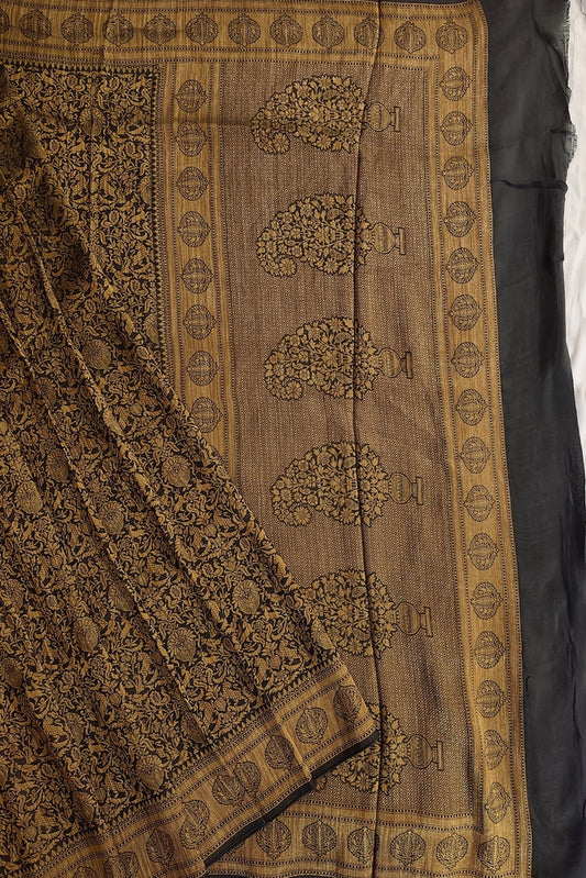 Black Semi Brocade Silk Saree, With Unstiched Blouse