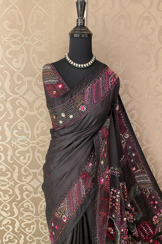 Black Tussar Saree With Lambani Work, With Unstitched Blouse - Saarang Sarees