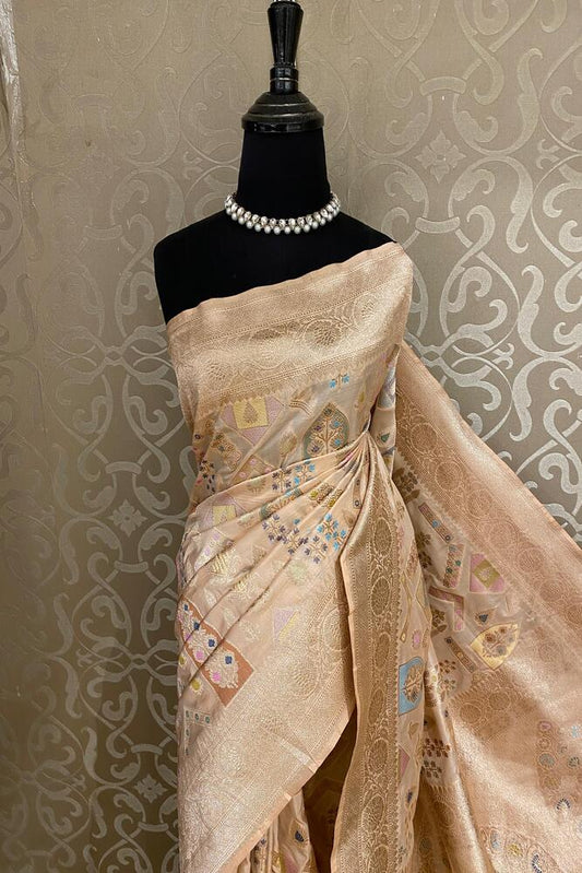 Beige Uppada Banarasi Silk Saree, With Unstiched Blouse