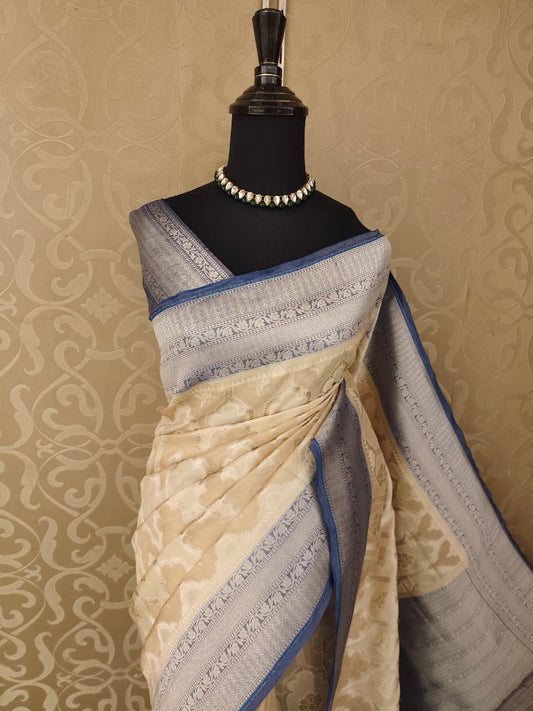 Off-White Tissue Banarasi Silk Saree, With Unstiched Blouse