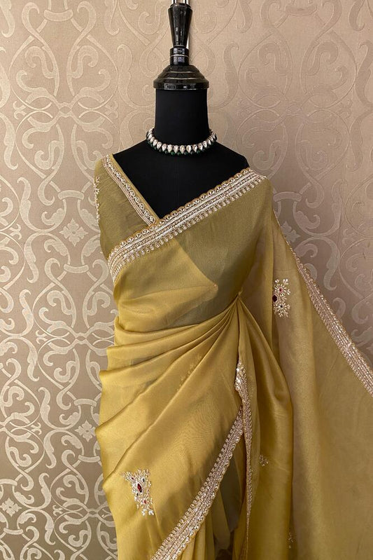 Yellow soft tissue silk embroidery saree with unstiched blouse, perfect for party wear by Saarang Sarees.