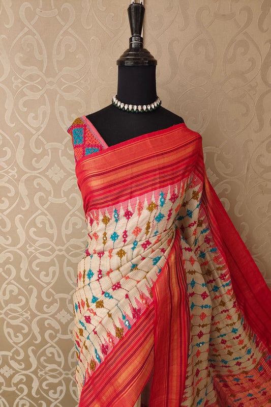 Beige & Multi Vidarbha Tussar Silk With Kutch Work Saree, With Unstitched Blouse