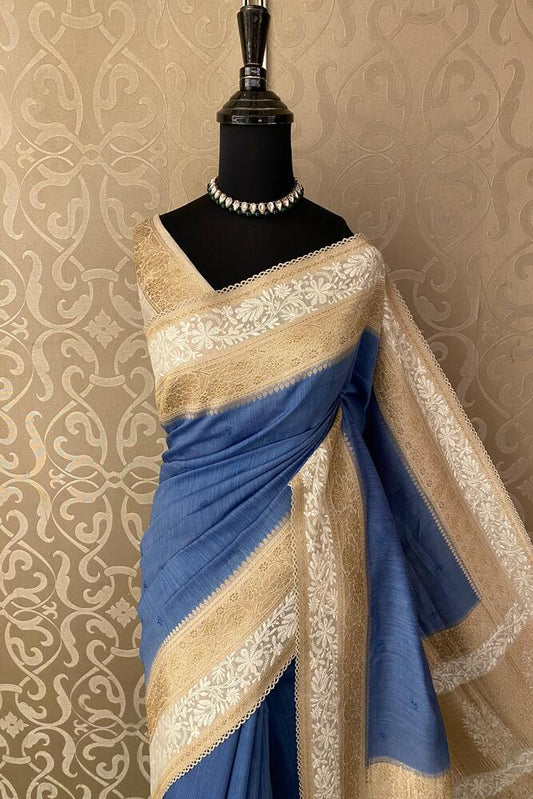Blue Pure Munga Banarasi silk saree with handwoven motifs and matching unstiched blouse, traditional wear by Saarang Sarees.