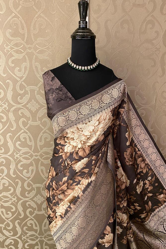 Deep Brown Mashru Silk Printed Banarasi Handloom Saree, With Unstiched Blouse