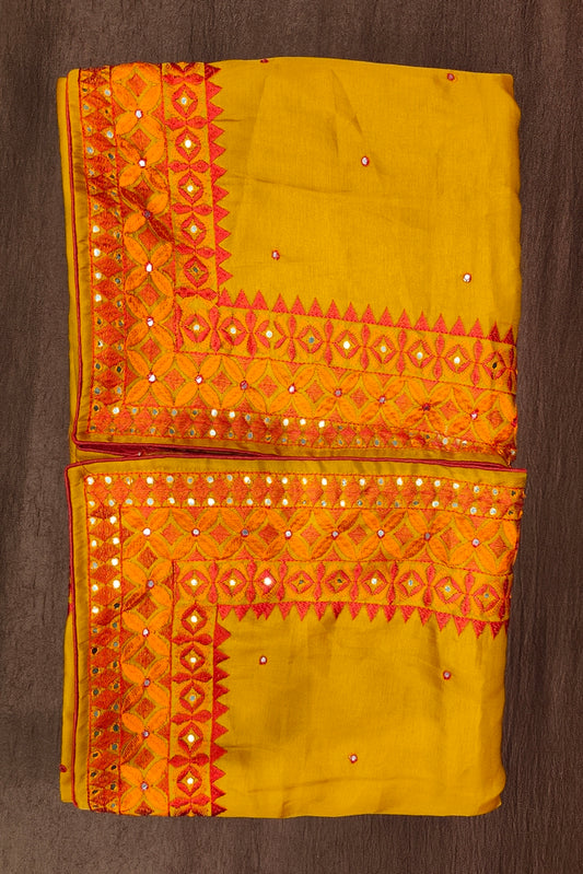 Mustard Yellow Semi Munga Silk Cross Stitch Work Saree, With Unstiched Blouse