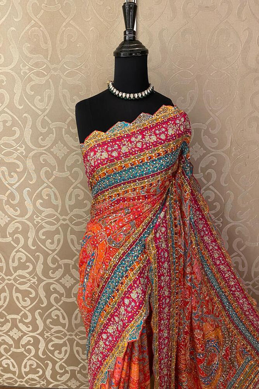 Multi Crepe Georgette Saree With Mirror Work, With Unstiched Blouse