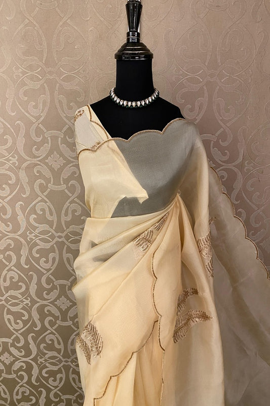 Off-White Organza Silk Embroidery Saree, With Unstiched Blouse