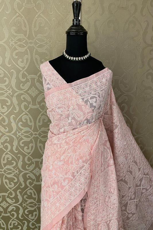 Baby pink cotton chikankari saree with unstiched blouse, perfect for party wear, by Saarang Sarees.