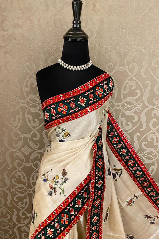 Off-White Tussar Patola Work Border Saree, With Unstiched Blouse