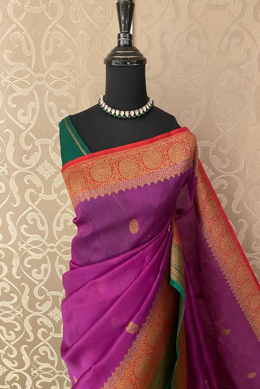 Purple Kora Banarasi Silk Saree With Hand Weaving Work, With Unstiched Blouse